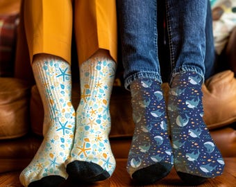 Angler Socks l Funny Fish Socks l Coral Crew Socks l Blue Shark Socks l Gift for Angler, Fisherman and Beachgoer