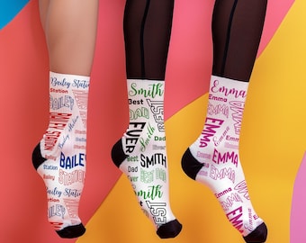 Funny Custom Text Socks l Personalized Name, Event, Place Crew Socks l Gift for Birthday, Holiday, Appreciation, Back to School, Wedding