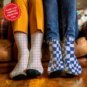 Checkerboard Crew Socks Funky Aesthetic Socks Colorful Pastel Checker Footwear Retro Distorted Checkered Socks for Men or Women - Sock Gift