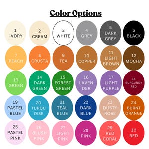 May include: A color chart with 30 color options, each in a numbered circle. Colors range from ivory to black, with shades of green, blue, pink, and orange. The text "Color Options" is at the top.