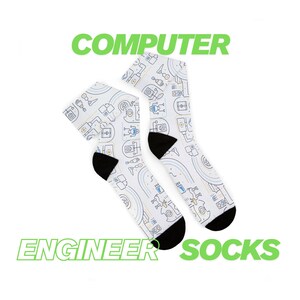 May include: A pair of white socks with a computer engineer theme. The socks feature a pattern of computer-related icons in blue, yellow, and grey, with black heels and toes. The words "COMPUTER ENGINEER SOCKS" are printed in green.