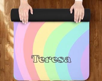 Pastel Rainbow Wave Yoga Mat with Personalized Name l Custom Yoga Mat with Strap l Fitness & Pilates Rainbow l Home Gym Gift Yoga Mat