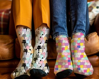 Funny Cat Socks | Cat Face Collage Crew Socks l Paw & Bone Socks for Men, Women and Pet Lovers