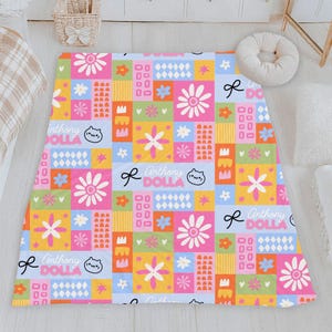 Colorful Floral Patchwork Blanket with Personalized Name Plush Throw Blanket Kawaii Patchwork Blanket Custom Name for Baby, Kids or Friends