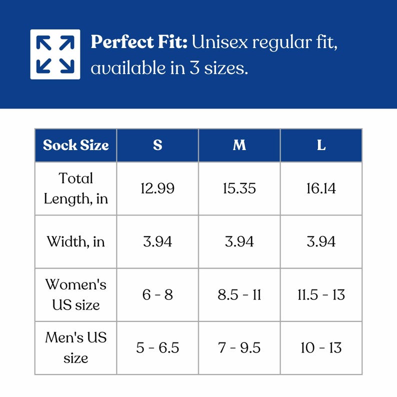 May include: A chart detailing sock sizes, including total length and width in inches, and corresponding US shoe sizes for both men and women. The text "Perfect Fit: Unisex regular fit, available in 3 sizes" is at the top.