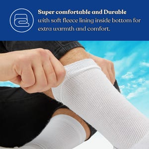 May include: White knee-high socks with a soft fleece lining. The socks are being pulled up, with the text "Super comfortable and Durable with soft fleece lining inside bottom for extra warmth and comfort."