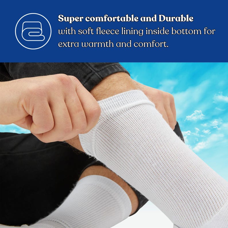 May include: White knee-high socks with a soft fleece lining. The socks are being pulled up, with the text "Super comfortable and Durable with soft fleece lining inside bottom for extra warmth and comfort."