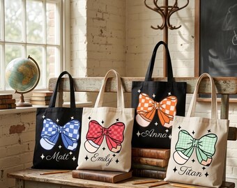Personalized School Tote Bag l Custom Bow Pen Canvas Tote Bag l Tote Gift for Teacher, Student, Holiday, Christmas