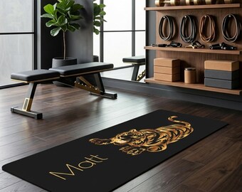Personalized Gym Mat Golden Tiger: Rubber & Foam l Fitness, Yoga, Exercise Mat l Custom Home Workout Black Mat