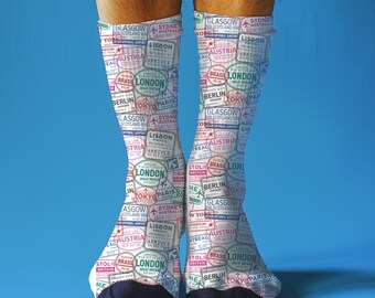 Funny Journey Socks | Travel Stamp Print Crew Socks l Vintage Socks Journey l Gifts for Holiday and Travel Lover