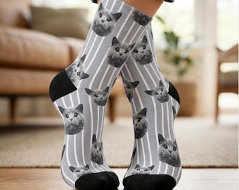 Custom Face Socks Striped Line l Personalized Photo Crew Socks l Stripe Face Socks l Funny Socks Gift for Family, Friend, Pet Lover