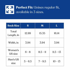 May include: A chart showing sock sizes, with measurements in inches, and corresponding US sizes for women and men. The text "Perfect Fit: Unisex regular fit, available in 3 sizes" is at the top.