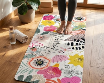 Blooming Flower Yoga Mat Rubber and Foam l Colorful Botanical Design l Non-Slip Suede Yoga Mat with Strap l Fitness & Pilates Mat
