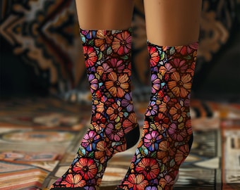 Stained Glass Floral Socks l Colorful Flower Crew Socks l Vintage Stained Glass Socks Unisex Botanical Art