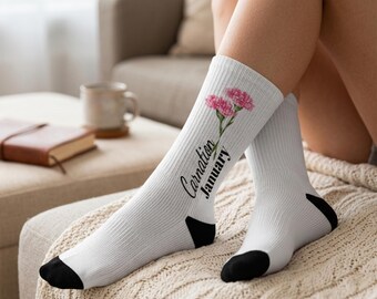 Birth Month Flowers Socks, Birthday Gift Socks, White Floral Crew Socks Birth Month