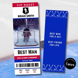 Propuesta de matrimonio para padrinos de boda de hockey, tarjeta de invitación para la fiesta de bodas de la NHL del padrino, paquete de despedida de soltero, totalmente personalizable en Canva, para imprimir en casa