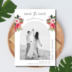 Pink Tropical Floral Wedding Save the Date, Hawaiian Destination Beach Invite, Customize Digital Template, Bride Digital Instant Download
