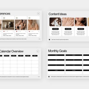 May include: A white and black content calendar template with sections for "Post References", "Content Ideas", "Content Calendar Overview", and "Monthly Goals". The template includes a grid for scheduling content and a section for tracking monthly goals.