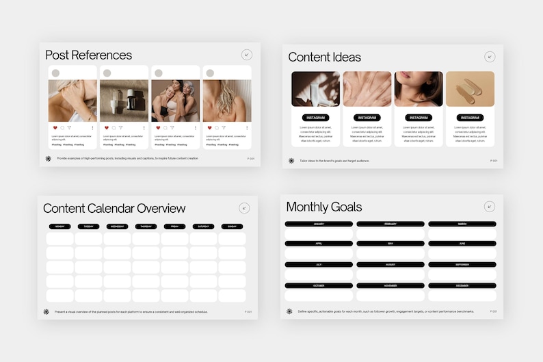 May include: A white and black content calendar template with sections for "Post References", "Content Ideas", "Content Calendar Overview", and "Monthly Goals". The template includes a grid for scheduling content and a section for tracking monthly goals.