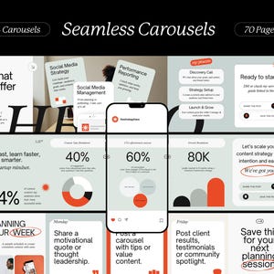 May include: A digital marketing presentation with the title "Seamless Carousels" and the text "14 Carousels" and "70 Pages". The presentation includes various slides with charts, graphs, and text, displayed on a smartphone screen.