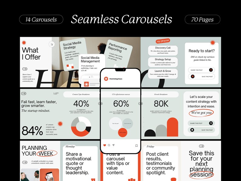 May include: A digital marketing presentation with the title "Seamless Carousels" and the text "14 Carousels" and "70 Pages". The presentation includes various slides with charts, graphs, and text, displayed on a smartphone screen.