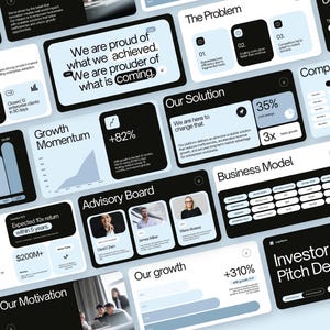 Peut inclure: Ensemble de diapositives num&eacute;riques en noir et blanc. Les diapositives contiennent du texte et des graphiques, notamment des tableaux, des graphiques et des visualisations de donn&eacute;es. Les diapositives sont intitul&eacute;es "Investor Pitch Deck" et couvrent des sujets tels que la traction du march&eacute; et le mod&egrave;le &eacute;conomique.
