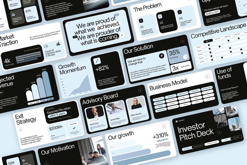 Peut inclure: Ensemble de diapositives num&eacute;riques en noir et blanc. Les diapositives contiennent du texte et des graphiques, notamment des tableaux, des graphiques et des visualisations de donn&eacute;es. Les diapositives sont intitul&eacute;es "Investor Pitch Deck" et couvrent des sujets tels que la traction du march&eacute; et le mod&egrave;le &eacute;conomique.