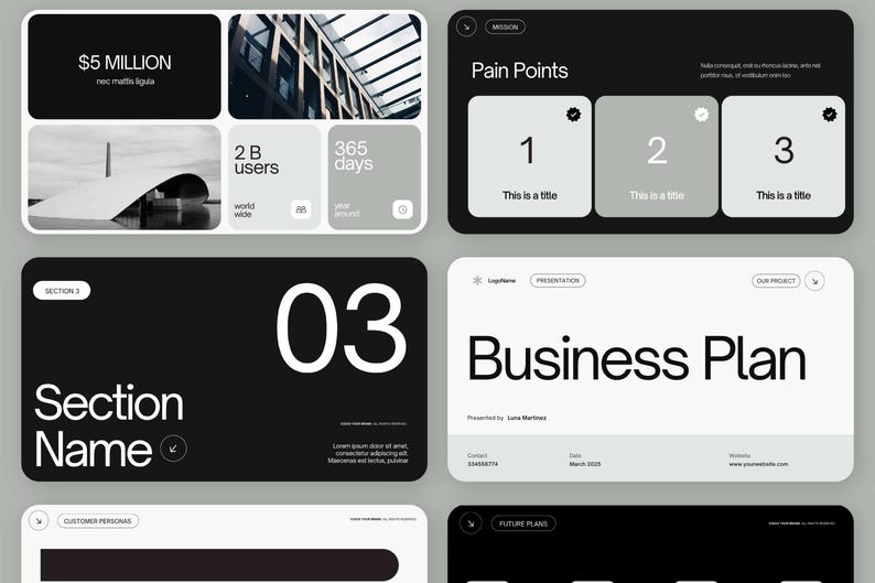 K&ouml;nnte beinhalten: Eine schwarz-wei&szlig;e Pr&auml;sentationsfolie f&uuml;r einen Businessplan mit dem Titel "Business Plan" und der Nummer "03" in einer gro&szlig;en wei&szlig;en Schrift. Die Folie enth&auml;lt auch einen Abschnitt mit dem Titel "Schmerzpunkte" mit drei nummerierten Punkten, die jeweils einen Titel haben. Die Folie enth&auml;lt auch einen Abschnitt mit dem Titel "Abteilungsname" mit schwarzem Hintergrund und wei&szlig;em Text.