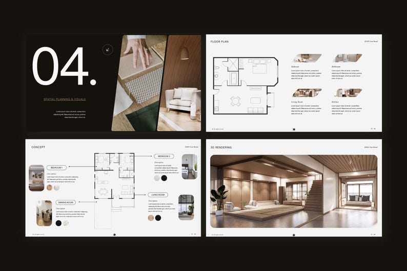 May include: A four-page architectural presentation document featuring the number 04, spatial planning and visuals, floor plans, concept layouts, and 3D renderings of interior spaces with wood accents, furniture, and descriptive text blocks.