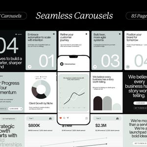 May include: A digital marketing presentation with a black background and white and gray elements. The presentation includes the text "Seamless Carousels" and "85 Pages". The design features a smartphone mockup and various data visualizations.