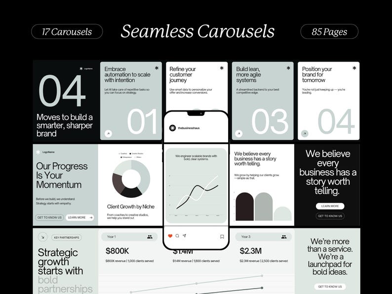 May include: A digital marketing presentation with a black background and white and gray elements. The presentation includes the text "Seamless Carousels" and "85 Pages". The design features a smartphone mockup and various data visualizations.