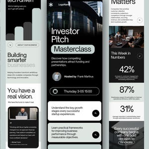 Può includere: Una serie di cinque schermate verticali di interfaccia mobile con uno schema di colori in bianco e nero. Il design include intestazioni di testo come Investor Pitch Masterclass, Building smarter businesses e passaggi numerati per la pianificazione di startup.