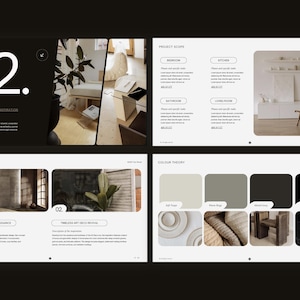 May include: A four-page digital presentation template featuring a dark and light color scheme. The slides include sections titled 02. Project Vision & Inspiration, Project Scope, Project Inspiration, and Colour Theory with text and imagery.