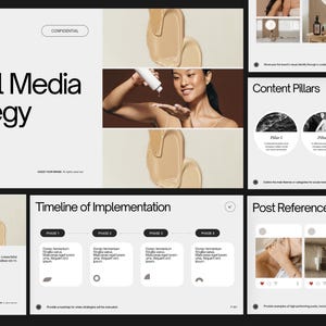 May include: A presentation slide deck for a social media strategy. The slide deck includes a timeline of implementation, content pillars, and post references. The presentation is confidential and presented by Luna Martinez.