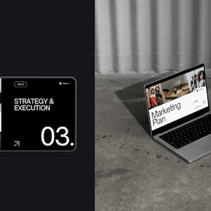 May include: A laptop computer displaying a website with the text "Marketing Plan" and a photo of people. The website also has the text "Strategy & Execution" and the number "03."