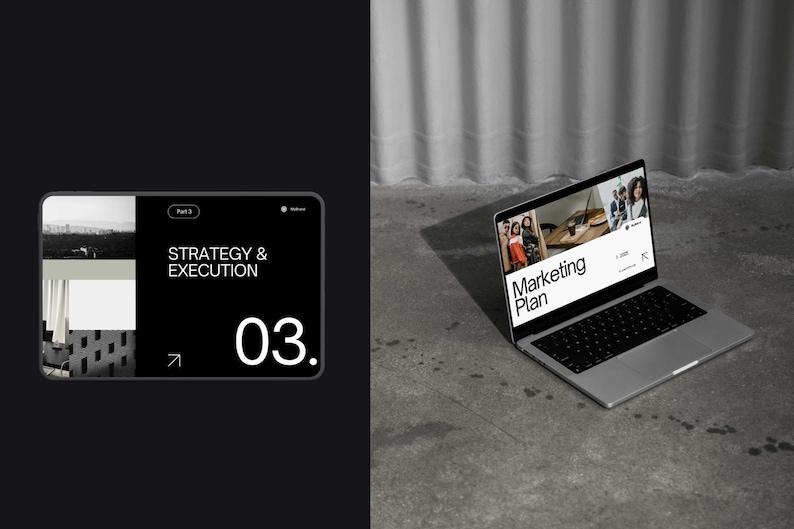 May include: A laptop computer displaying a website with the text "Marketing Plan" and a photo of people. The website also has the text "Strategy & Execution" and the number "03."