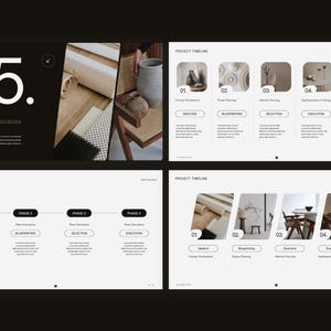 May include: A digital presentation template featuring four slides with a dark and light color scheme. The slides display project timelines, phase descriptions, and numbered sections labeled 01 through 05, incorporating imagery of interior design elements like chairs and pottery.