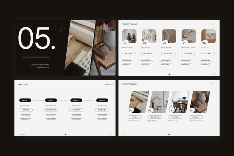 May include: A digital presentation template featuring four slides with a dark and light color scheme. The slides display project timelines, phase descriptions, and numbered sections labeled 01 through 05, incorporating imagery of interior design elements like chairs and pottery.