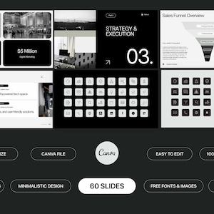 May include: A black and white presentation template with 60 slides. The template features a minimalist design with a focus on strategy and execution. It includes a sales funnel overview, icons, and drag and drop photo features. The template is easy to edit and includes free fonts and images.