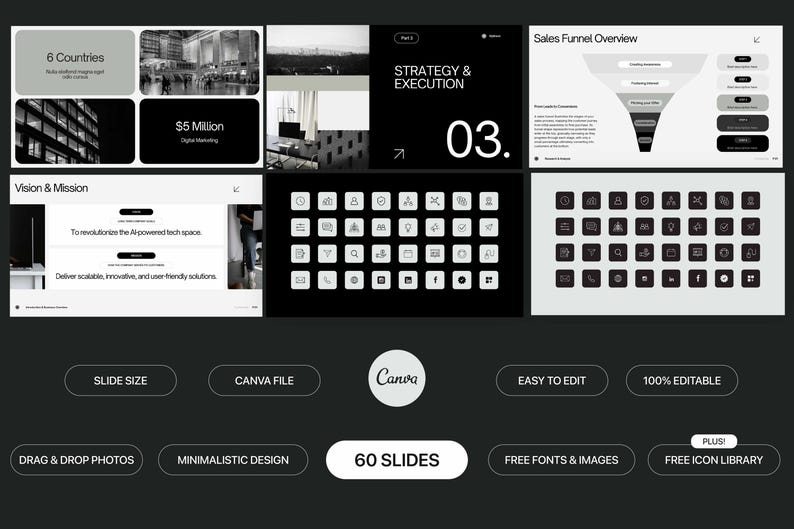 May include: A black and white presentation template with 60 slides. The template features a minimalist design with a focus on strategy and execution. It includes a sales funnel overview, icons, and drag and drop photo features. The template is easy to edit and includes free fonts and images.