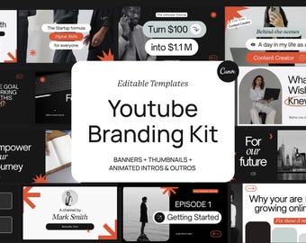 Kit de identidade visual para YouTube | Banner, miniatura, introdução e encerramento animados para o YouTube | Modelos editáveis do Canva para designs modernos