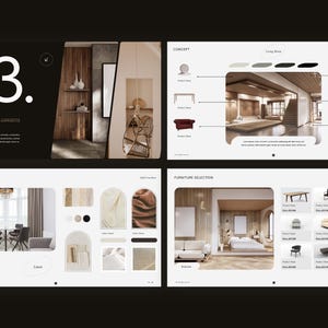 May include: A digital presentation board featuring four distinct sections labeled 03, Concept, Fabric Selection, and Furniture Selection. The layout includes interior design imagery, furniture icons, fabric swatches, and grid-based product listings.