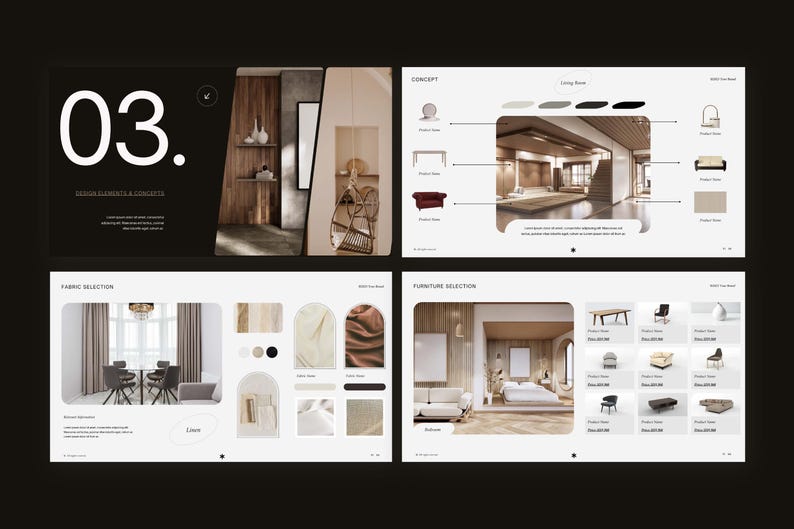 May include: A digital presentation board featuring four distinct sections labeled 03, Concept, Fabric Selection, and Furniture Selection. The layout includes interior design imagery, furniture icons, fabric swatches, and grid-based product listings.