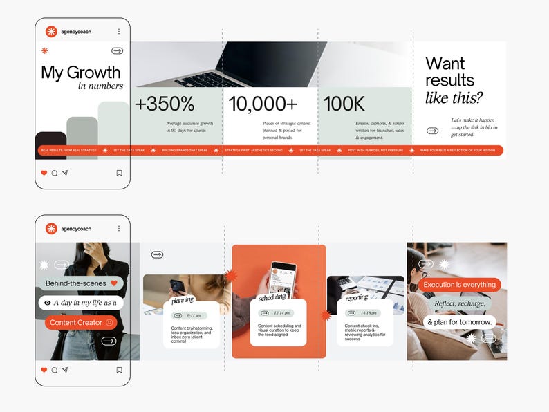 May include: A digital marketing infographic with the text "My Growth in numbers" and statistics. The graphic includes a laptop, a smartphone, and the text "Want results like this?" The infographic also shows the text "Behind-the-scenes" and "A day in my life as a Content Creator."