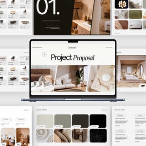 Puede incluir: Una pantalla de portátil que muestra una presentación digital de propuesta de proyecto con fondo blanco, texto negro y varias imágenes de diseño de interiores. La diapositiva central presenta el texto Project Proposal.
