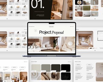 Modelo de apresentação de design de interiores, painel de inspiração no Canva, proposta de projeto para clientes de design de interiores, arquitetura e decoração.