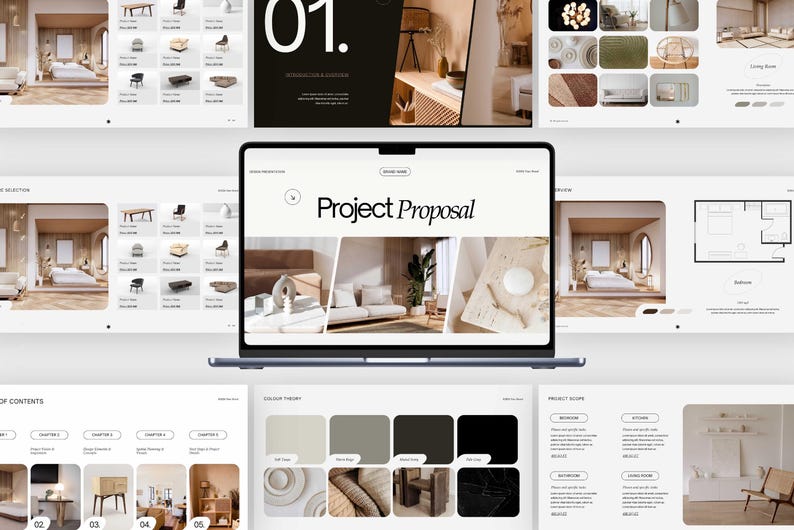 May include: A laptop screen displaying a digital project proposal presentation with a white background, black text, and multiple interior design images. The central slide features the text Project Proposal above three rectangular photo panels.
