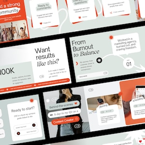 May include: A collection of digital marketing and content creation graphics with text overlays. The graphics feature orange and white color schemes, with text such as "Build a strong community" and "Want results like this?"