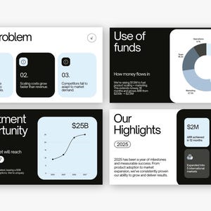 Peut inclure: Une pr&eacute;sentation avec un design noir et blanc, comprenant du texte et des graphiques. Les diapositives couvrent des sujets tels que &laquo; Le probl&egrave;me &raquo;, &laquo; Utilisation des fonds &raquo;, &laquo; Opportunit&eacute; d'investissement &raquo; et &laquo; Nos points forts &raquo;. Le texte comprend des donn&eacute;es financi&egrave;res et une analyse de march&eacute;.