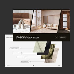 May include: A digital design presentation template featuring a dark header with the text Design Presentation, three interior room images, and a lower section displaying four layered fabric swatches in light green, black, olive, and beige with lines.